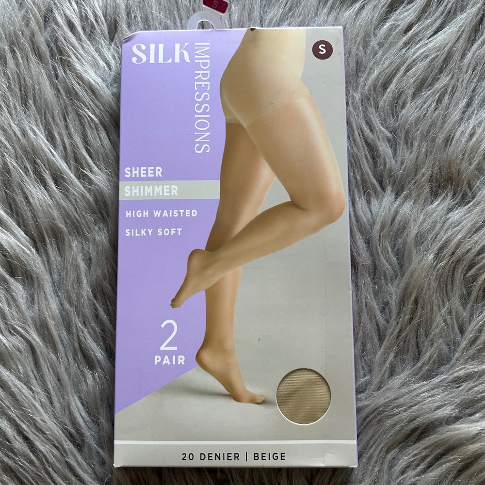 Silk Impressions Sheer Shimmer Tights Women's Size Small Beige High Waisted